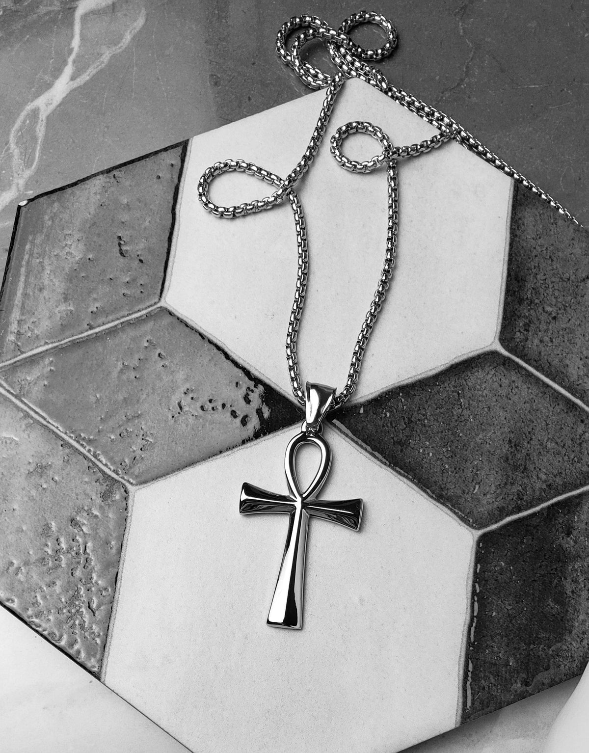 Men's "SILVER SLEEK ANKH" Necklace| Men's Silver Stainless Steel Ankh Pendant Necklace| Men's Silver Stainless Steel Box Chain Necklace