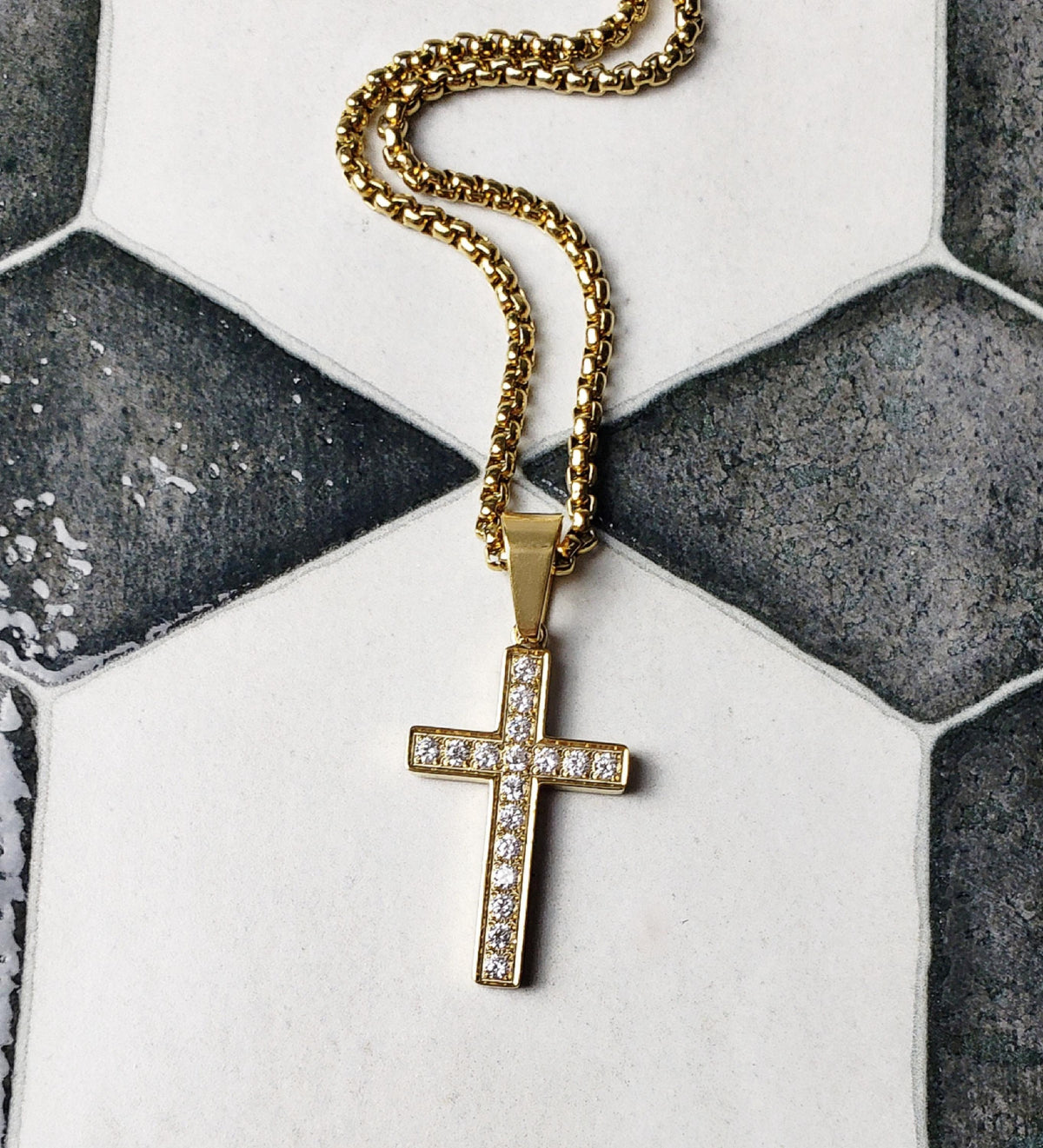 Men's "CUBIC ZIRCONIA CROSS" Necklace| Men's Gold Stainless Steel Pave Cubic Zirconia Gemstones Cross Pendant Necklace| Men's Gold Cross