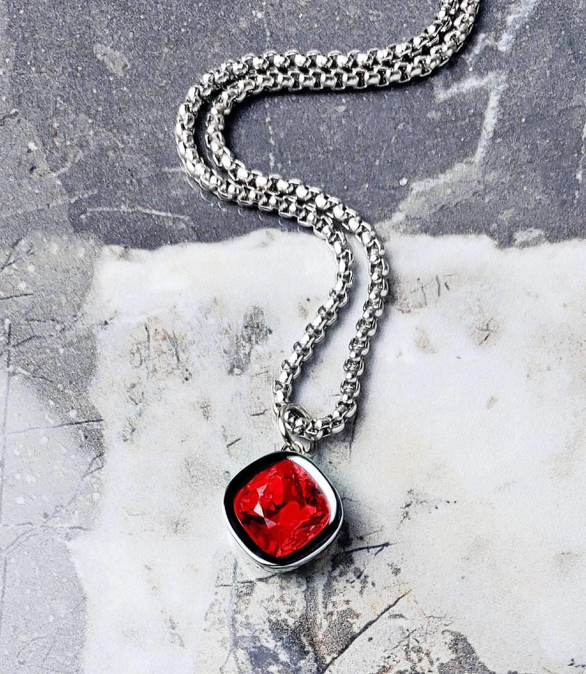 Men's "SILVER RUBY" Necklace| Men's Silver Stainless Steel Ruby Gemstone Pendant Necklace| Men's Silver July Birthstone Pendant