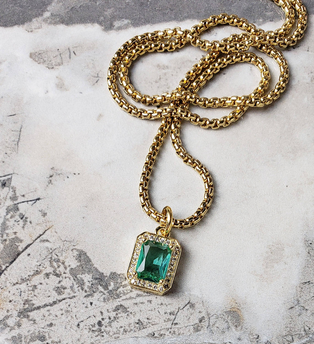 Men's "GOLD PAVÉ AQUAMARINE" Necklace| Men's Gold Stainless Steel Pavé Cubic Zirconia Mini Aquamarine Pendant Necklace| Men's Birthstone