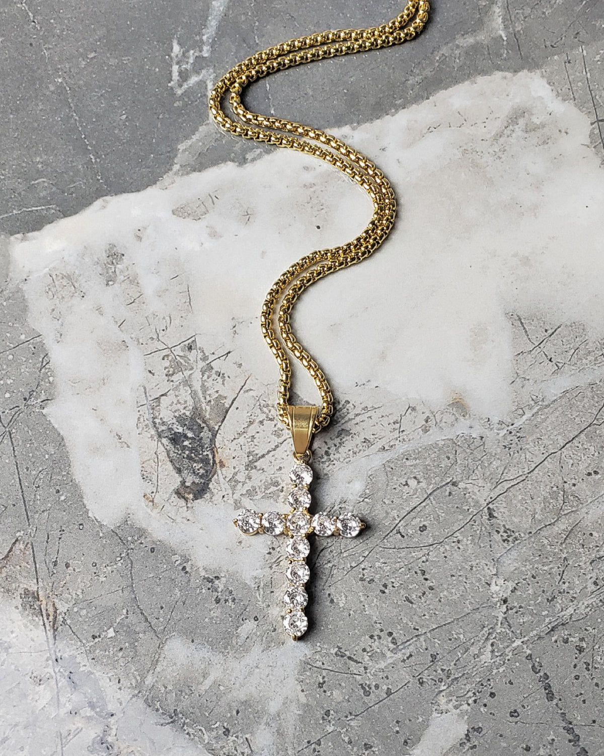 Men's "CUBIC ZIRCONIA CROSS" Necklace| Men's Gold Stainless Steel Cubic Zirconia Gemstones Cross Pendant Necklace| Men's Gold Cross