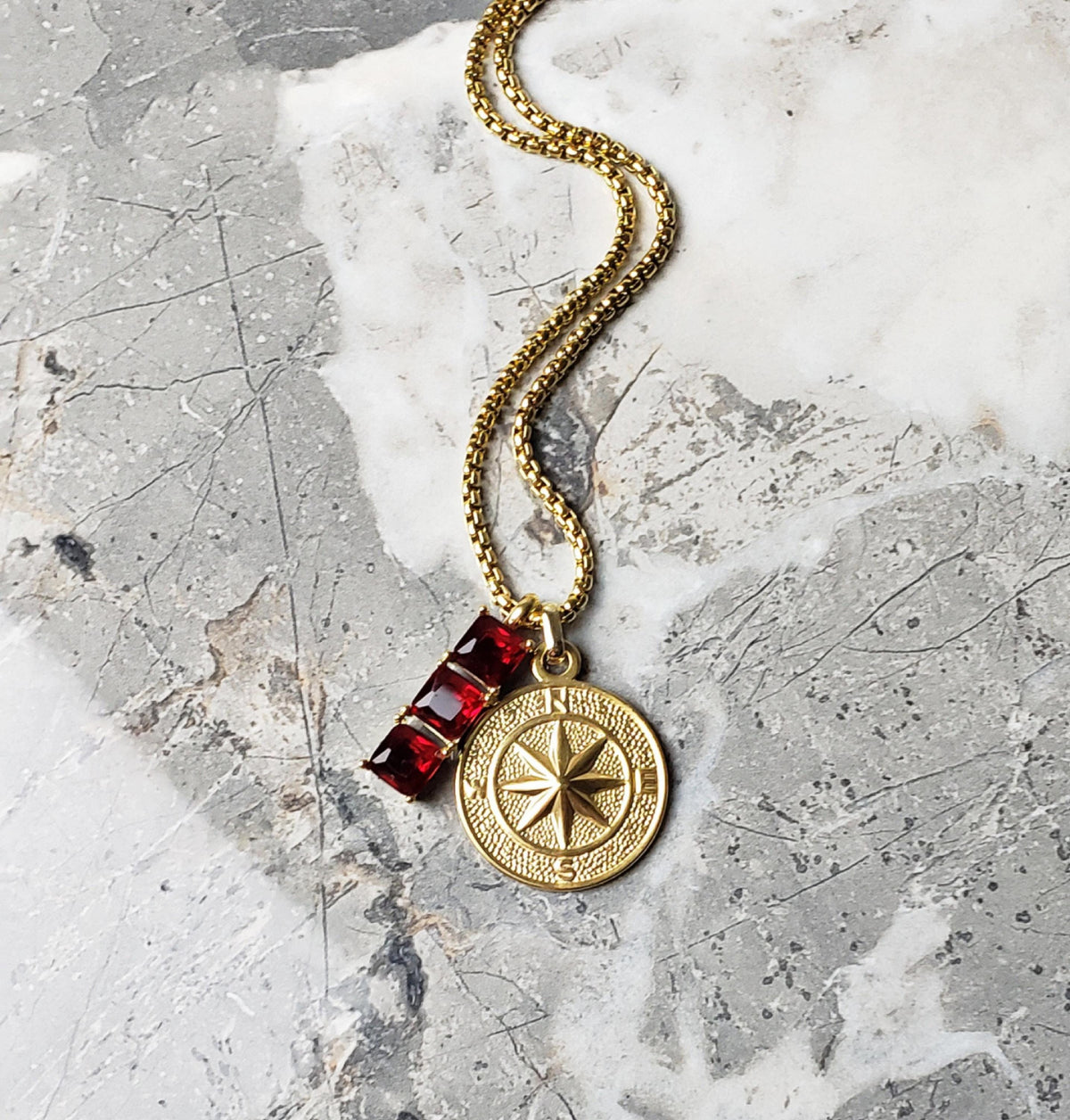 Men's "GARNET COMPASS" Necklace| Men's Gold Stainless Steel Compass Medallion Gold Garnet Cubic Zirconia Bar Tag Pendant Necklace