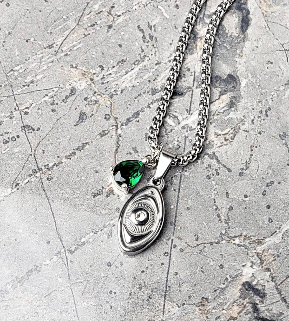 Men's "EVIL EYE EMERALD" Necklace| Men's Pavé Cubic Zirconia Silver Stainless Steel Evil Eye Emerald Pendant Necklace| Men's Emerald Pendant
