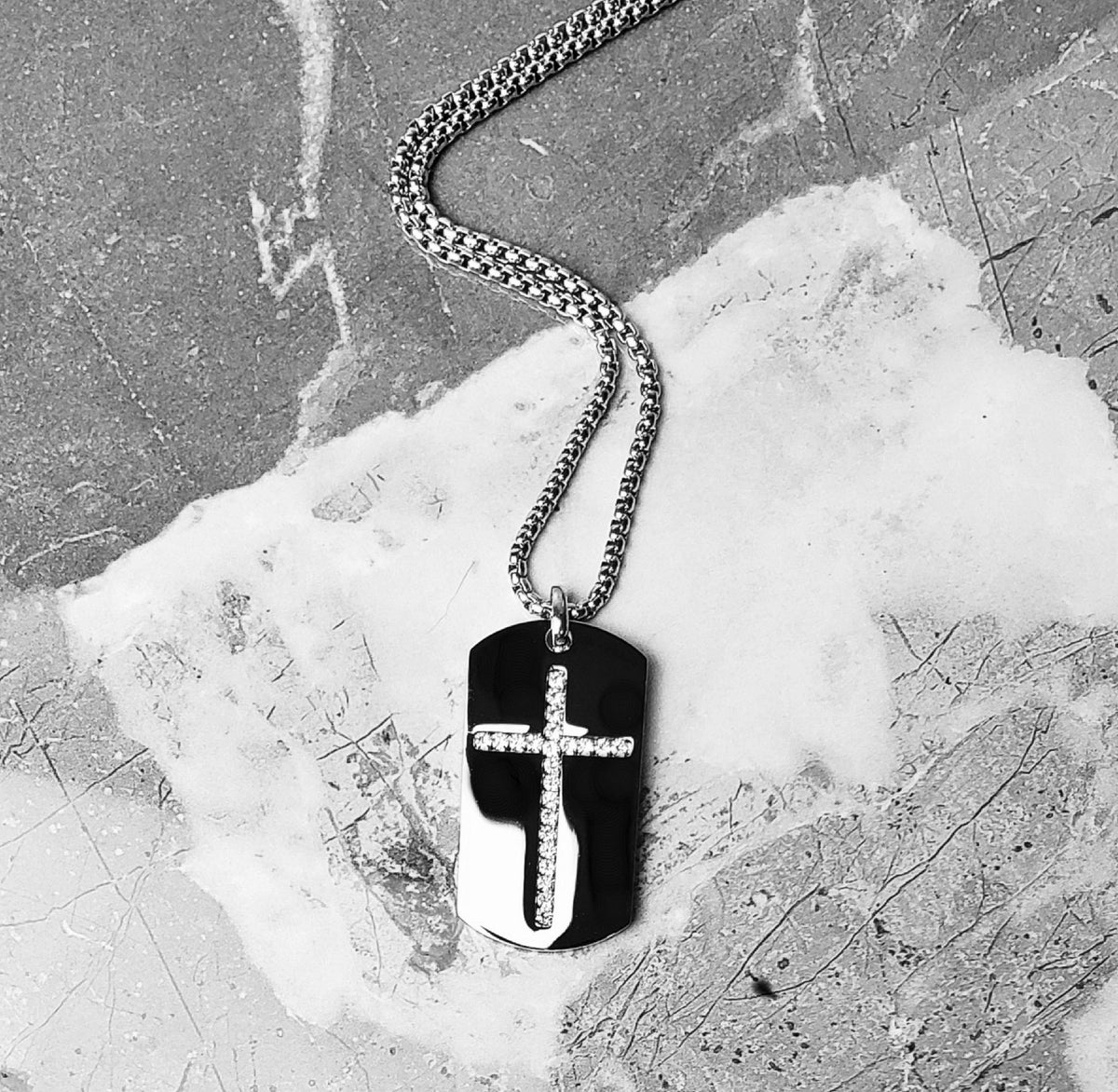 Men's "PAVÉ CROSS TAG" Necklace| Men's Silver Stainless Steel Pave Cubic Zirconia Cross Dog Tag Pendant Necklace| Men's Silver Cross