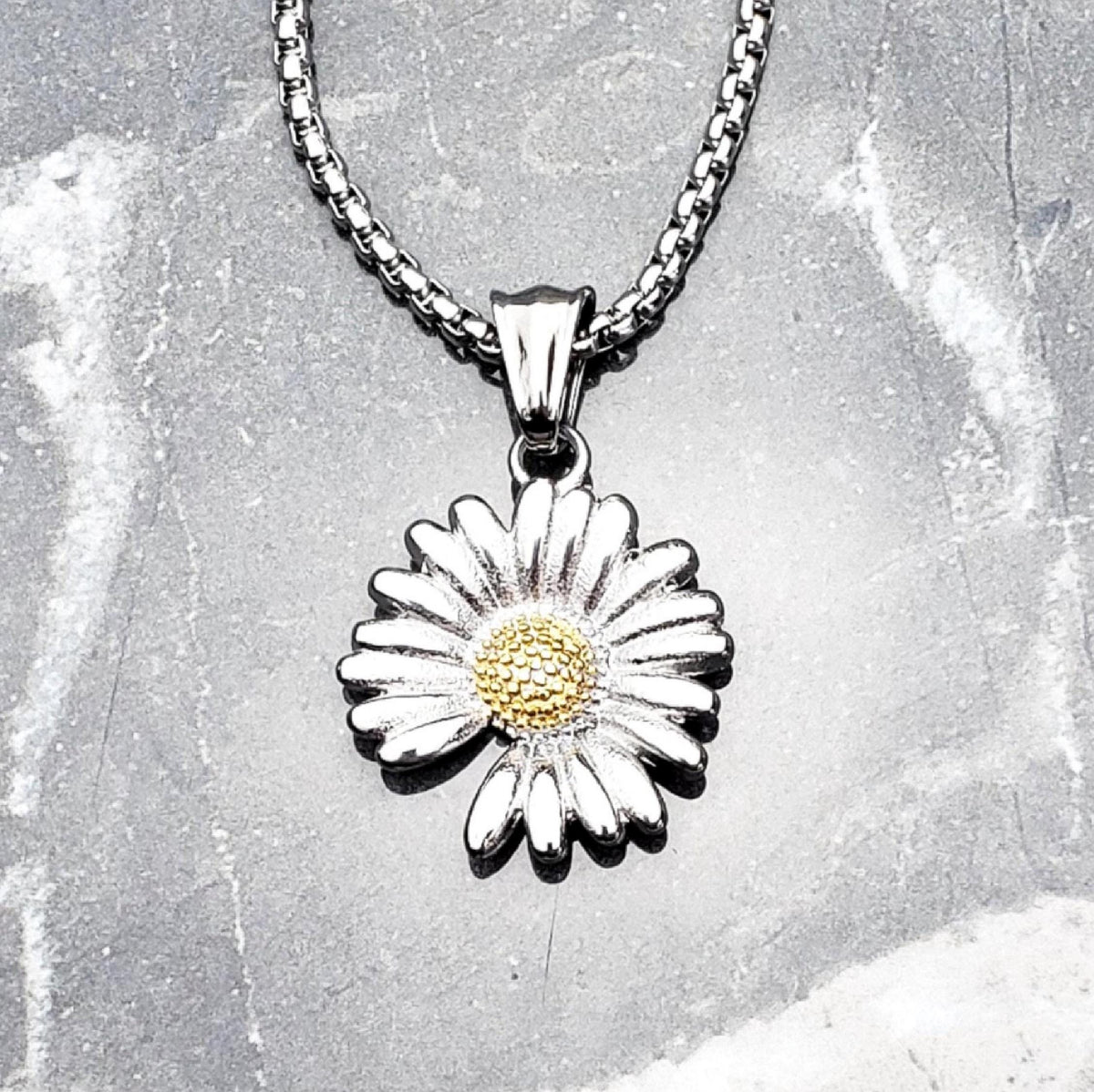 Men's "MISSING PETAL DAISY" Necklace| Men's Silver & Gold Stainless Steel Daisy Pendant Necklace| Mens Silver Chain Pendant Necklace