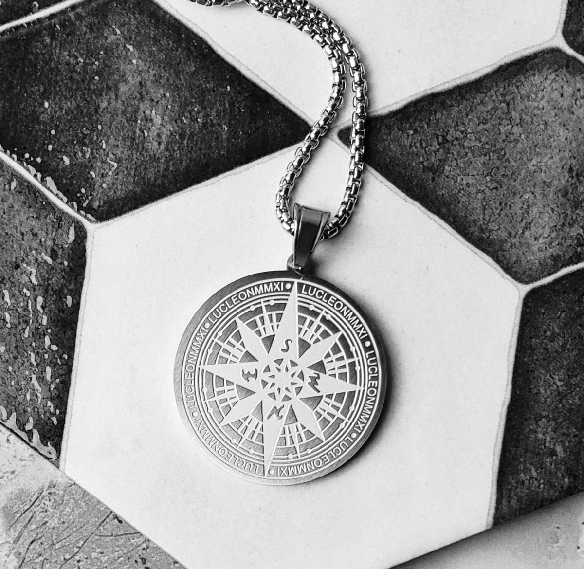 Men's "MARITIME COMPASS MEDALLION" Necklace| Men's Silver Stainless Steel Maritime Compass Pendant Necklace| Men's Silver Box Chain Necklace