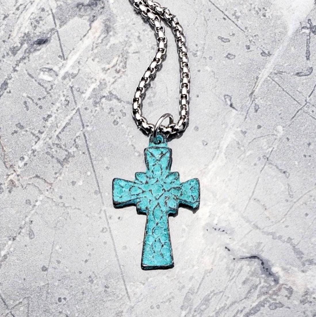 Men's "MYKONOS COPTIC CROSS" Necklace| Men's Turquoise Mykonos Coptic Cross Pendant Necklace| Men's Stainless Steel Chain Necklace