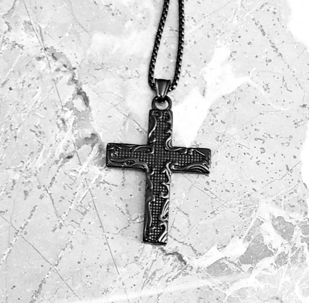 Men's "BLACK WAVES CROSS" Necklace| Men's Black Stainless Steel Waves Cross Pendant Necklace| Men Black Stainless Steel Box Chain Necklace
