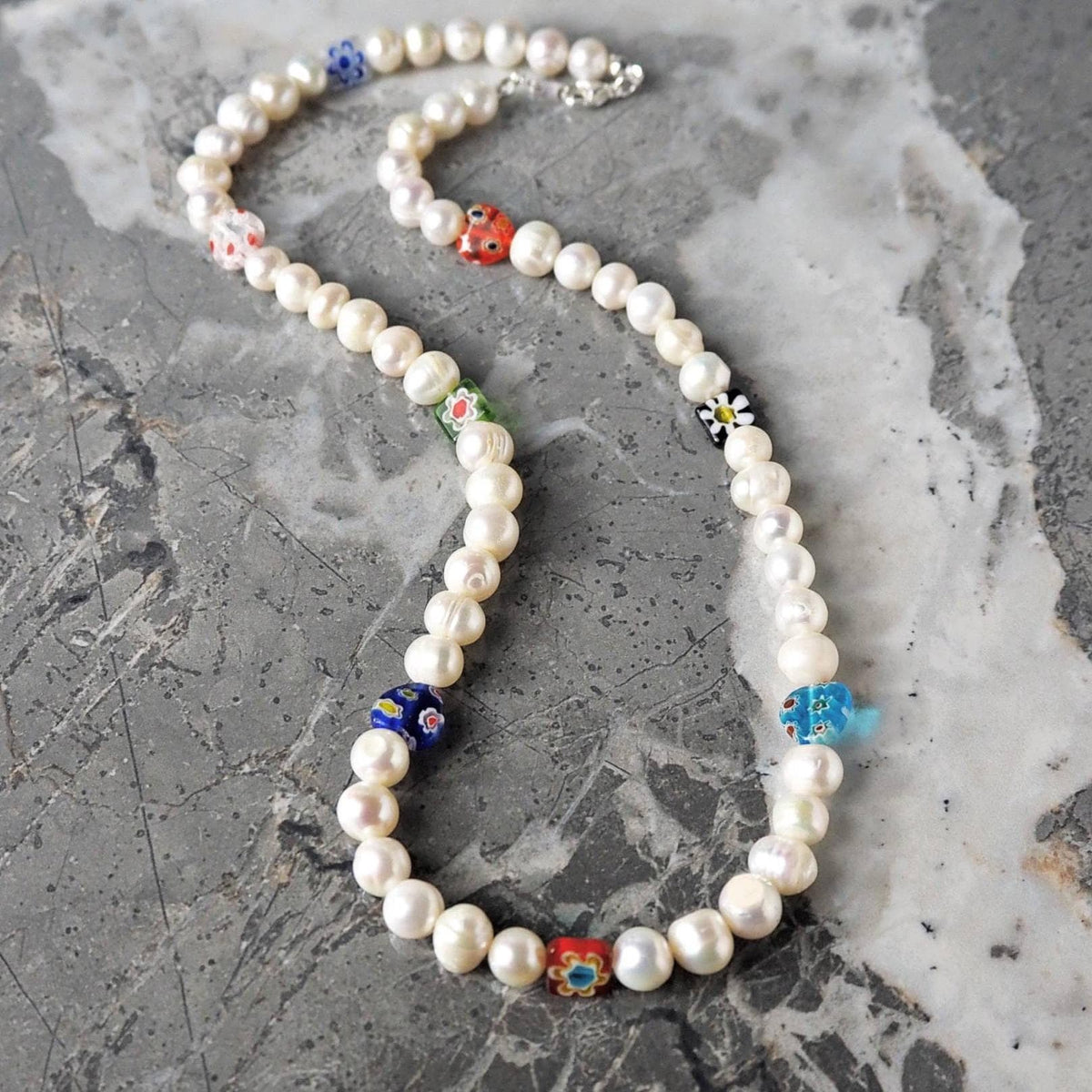 Men Freshwater Pearls Multicolor Millefiori Square Tabs Beaded Necklace