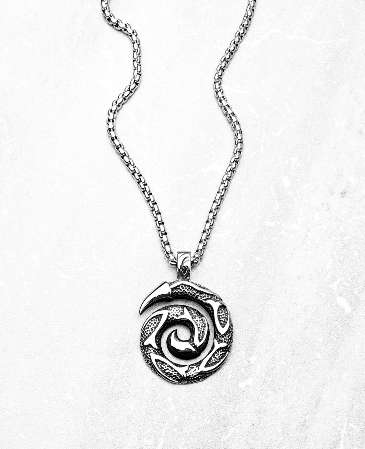 Men's "CELTIC DRAGON SPIRAL" Necklace| Men's Silver Stainless Steel Celtic Dragon Claw Spiral Pendant Necklace| Men's Box Chain Necklace