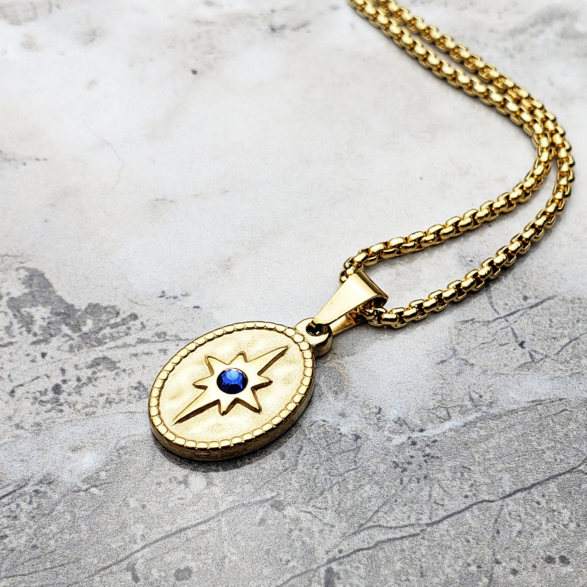 Men's "NORTH STAR COIN" Necklace| Men's Gold Stainless Steel Sapphire Cubic Zirconia Northstar Coin Pendant Necklace| Men's Gold Necklace