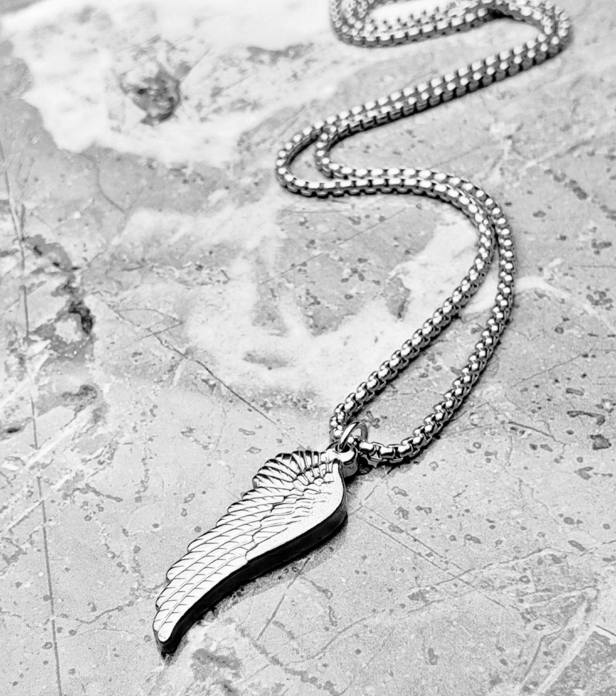 Men's "ANGELIC WARRIOR WING" Necklace| Men's Silver Stainless Steel Angel Warrior Wing Pendant Necklace| Men's Silver Box Chain Necklace