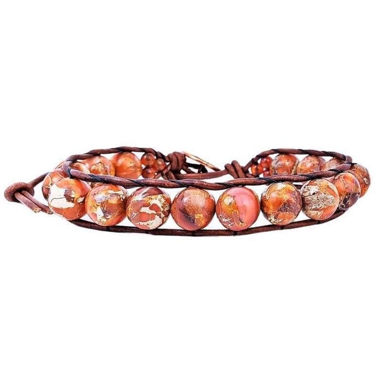 Men's "RUSTIC WRAP" Bracelet| Men's Rust Imperial Jasper Gemstone Wrap Bracelet| Men's Brown Leather Cuff Bracelet| Men's Layering Bracelet