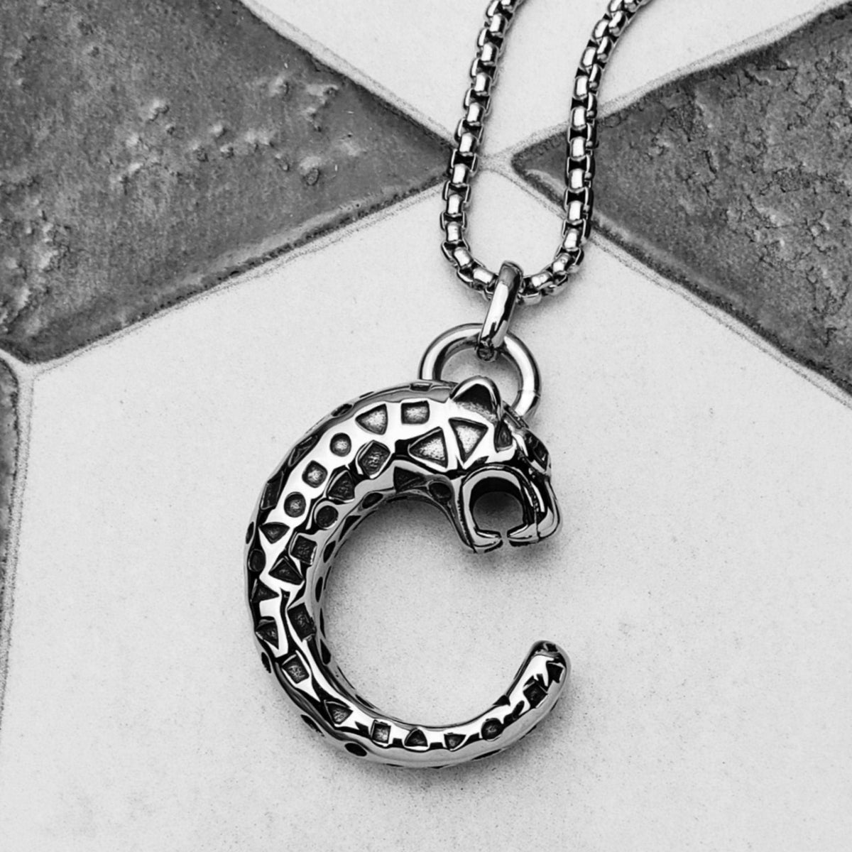 Men's "SILVER PANTHER" Pendant Necklace| Men's Silver Black Stainless Steel Panther Pendant Necklace| Mens Box Chain Panther Necklace