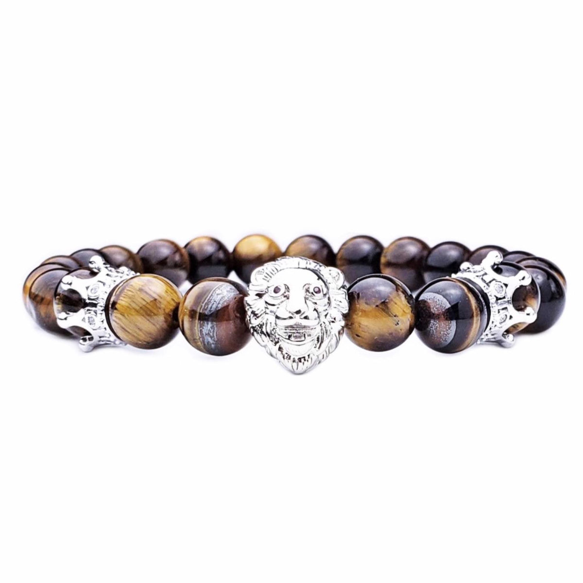 Men's "PLATINUM CROWNED LION" Bracelet| Men's Pavé Cubic Zirconia Platinum Lion Crowns Bracelet| Men's Tiger Eye Gemstone Lion Bracelet