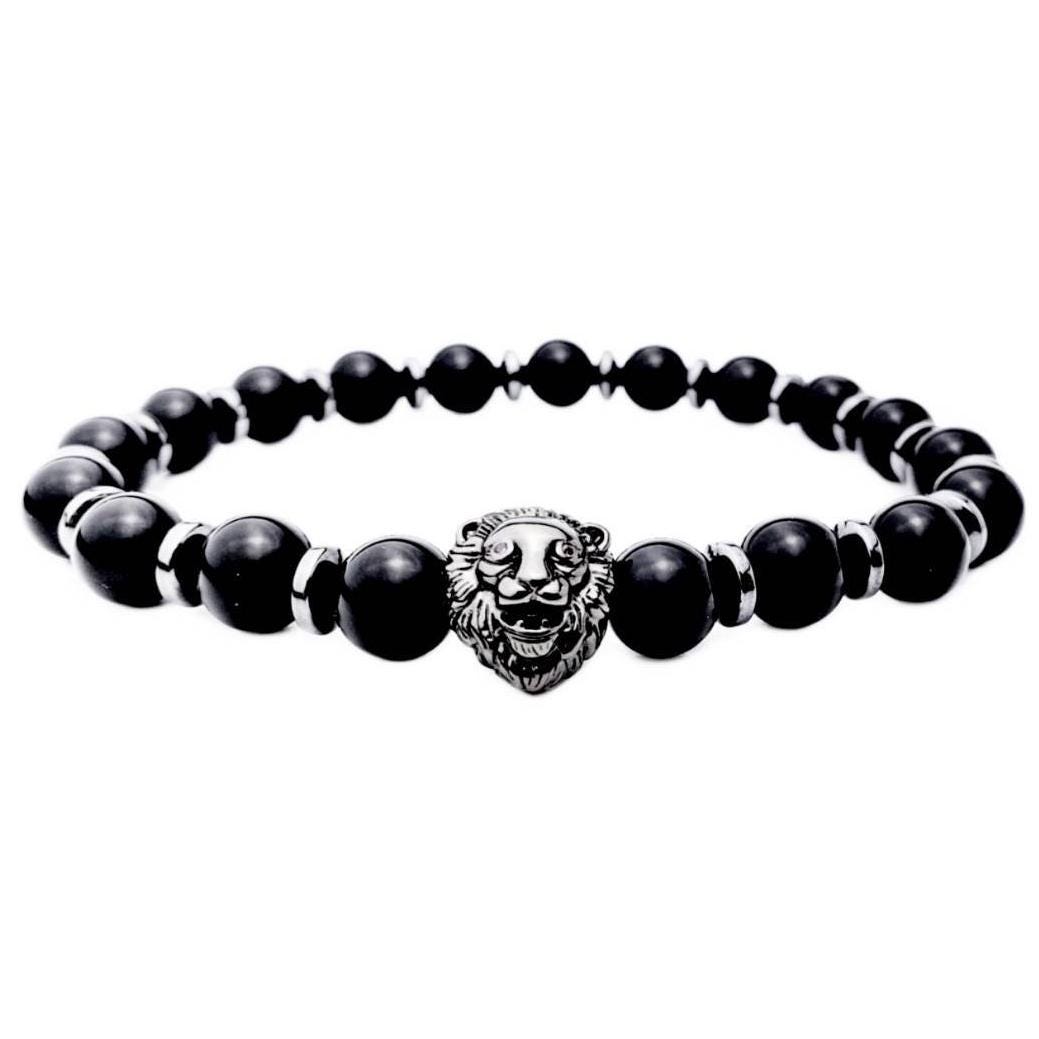 Men's "BLACK LION" Bracelet| Men's Pavé Cubic Zirconia Silver Stainless Steel Lion Bracelet| Men's Black Onyx Hematite Gemstone Bracelet