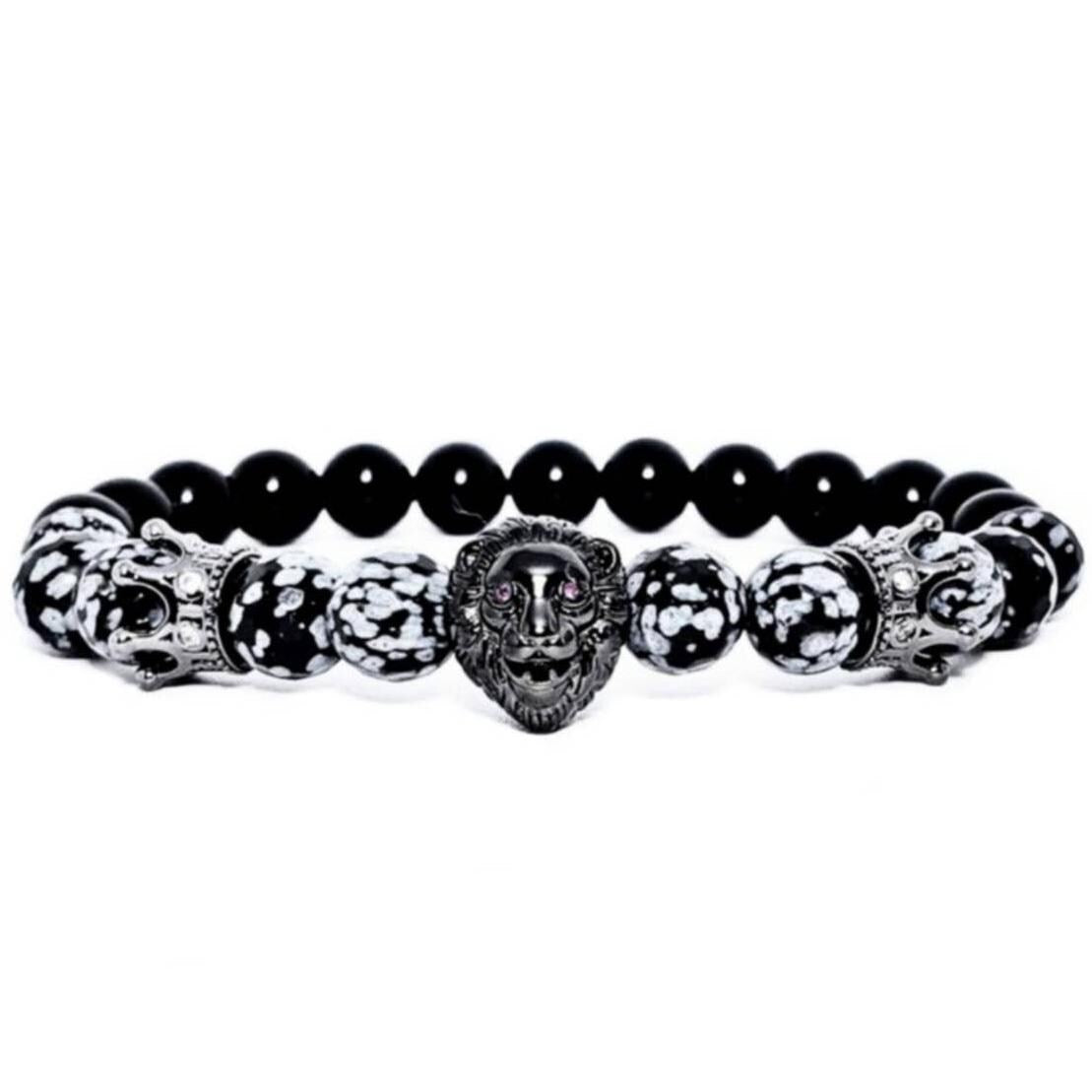 Men's "ROYAL LION" Bracelet| Men's Black Pavé Cubic Zirconia Lionhead Crown Bead Bracelet| Men's Snowflake Obsidian Onyx Gemstone Bracelet