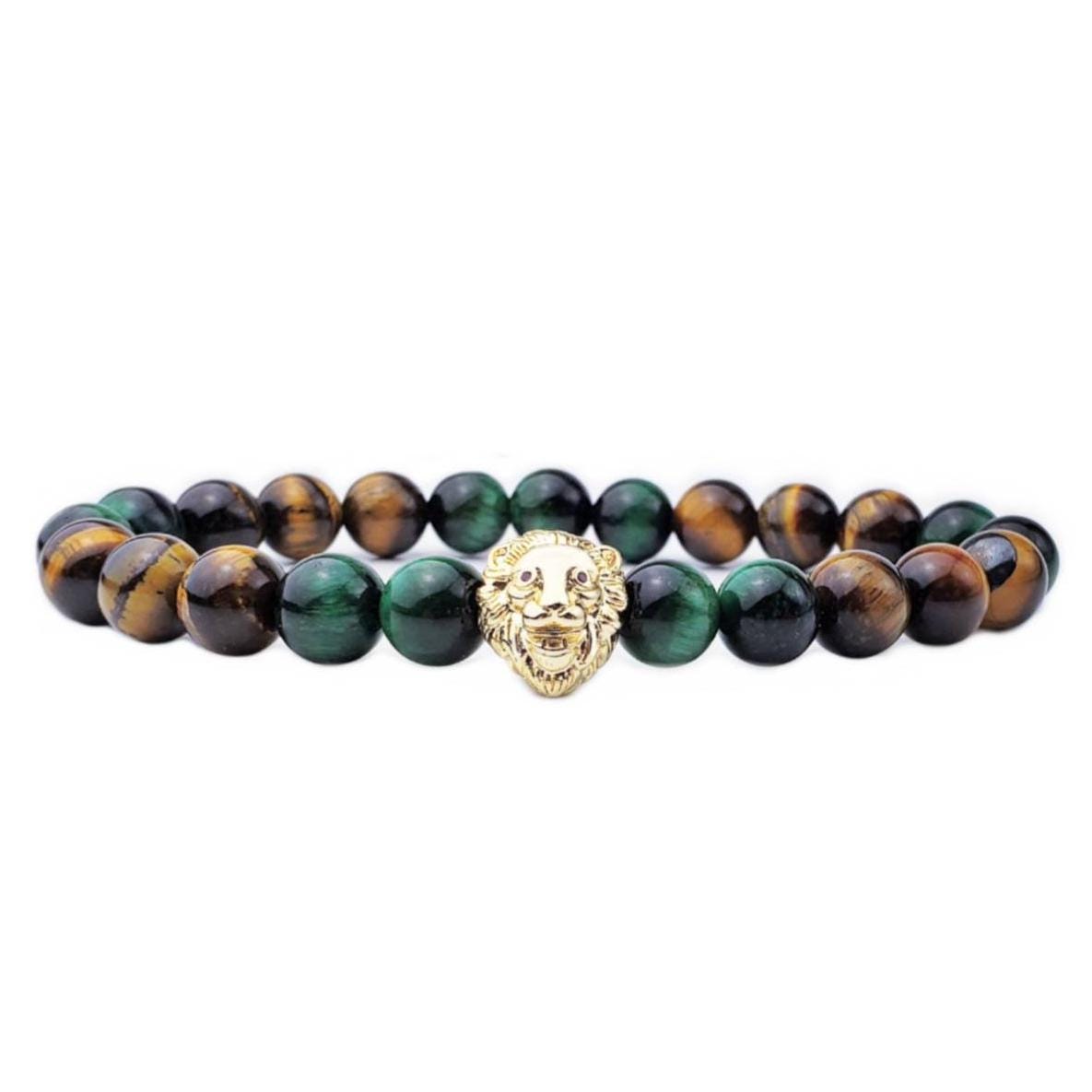 Men's "LION TIGER EYE" Bracelet| Men's Gold Pave Cubic Zirconia Lion Bracelet| Men's Green Tiger Eye Gemstone Bracelet| Men's Leo Bracelet