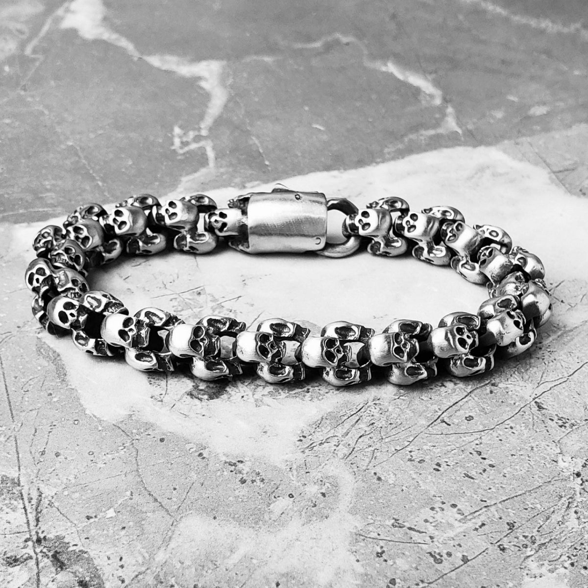 Men's "SKULLS CHAIN CUFF" Bracelet| Men's Oxidized Silver Stainless Steel Skulls Bracelet| Men's Stainless Steel Skull Chain Bracelet
