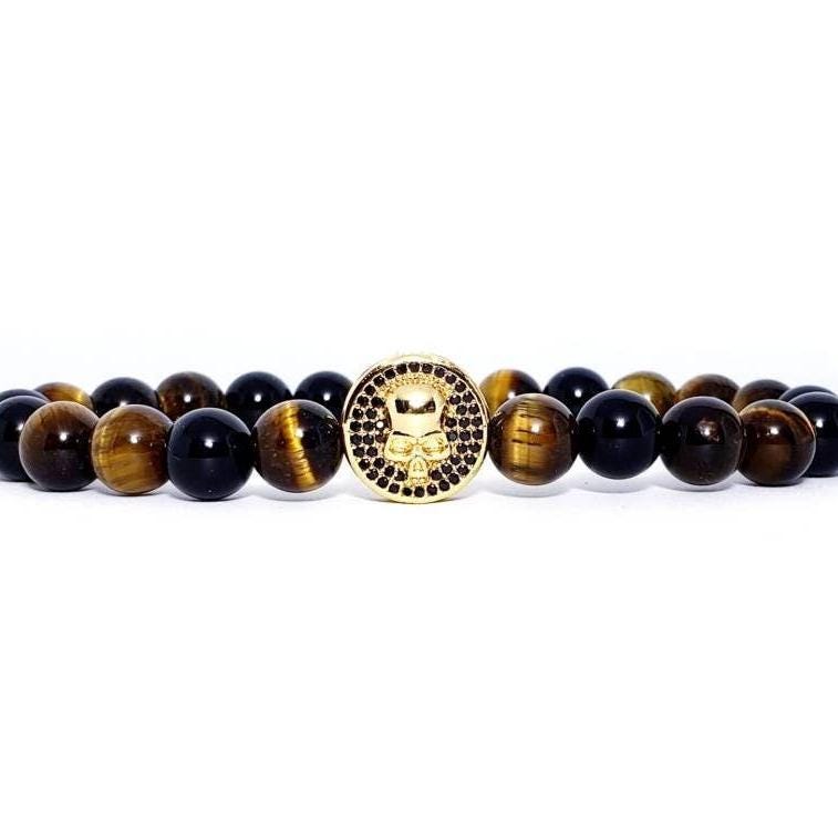 Men's "SKULL COIN" Bracelet| Men's Gold Pavé Black Cubic Zirconia Skull Coin Bracelet| Men's Tiger Eye Black Onyx Gemstone Skull Bracelet