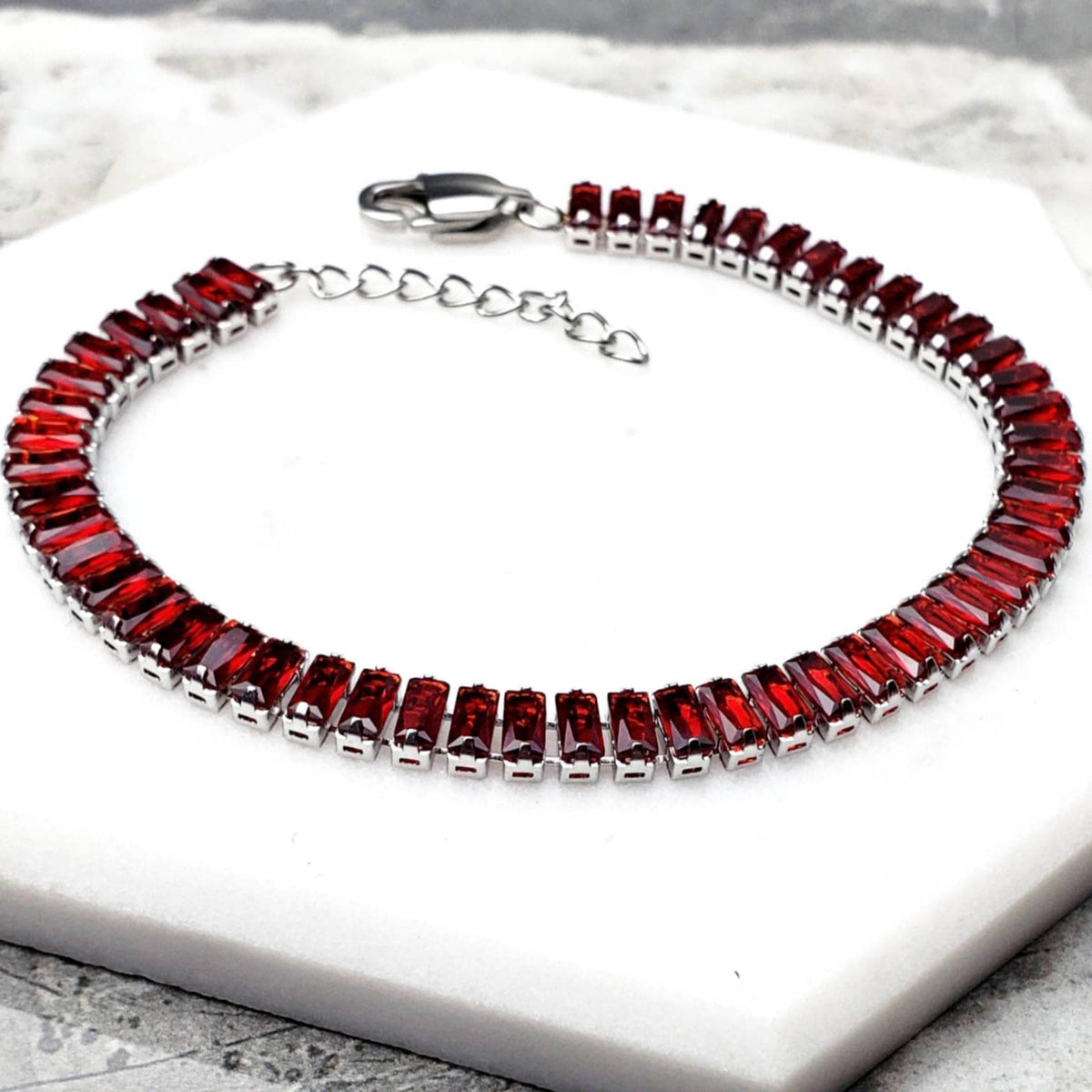 Men's "GARNET BAGUETTE TENNIS" Bracelet| Men's Garnet Cubic Zirconia Silver Stainless Steel Baguette Tennis Bracelet| Men January Birthstone