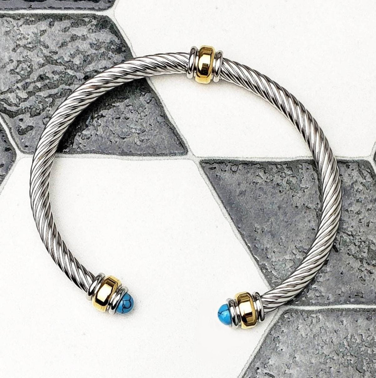 Men's "SILVER GOLD TURQUOISE" Bracelet| Men's Silver Gold Stainless Steel Turquoise Gemstone Wire Cuff Bracelet| Mens Stainless Steel Cuff