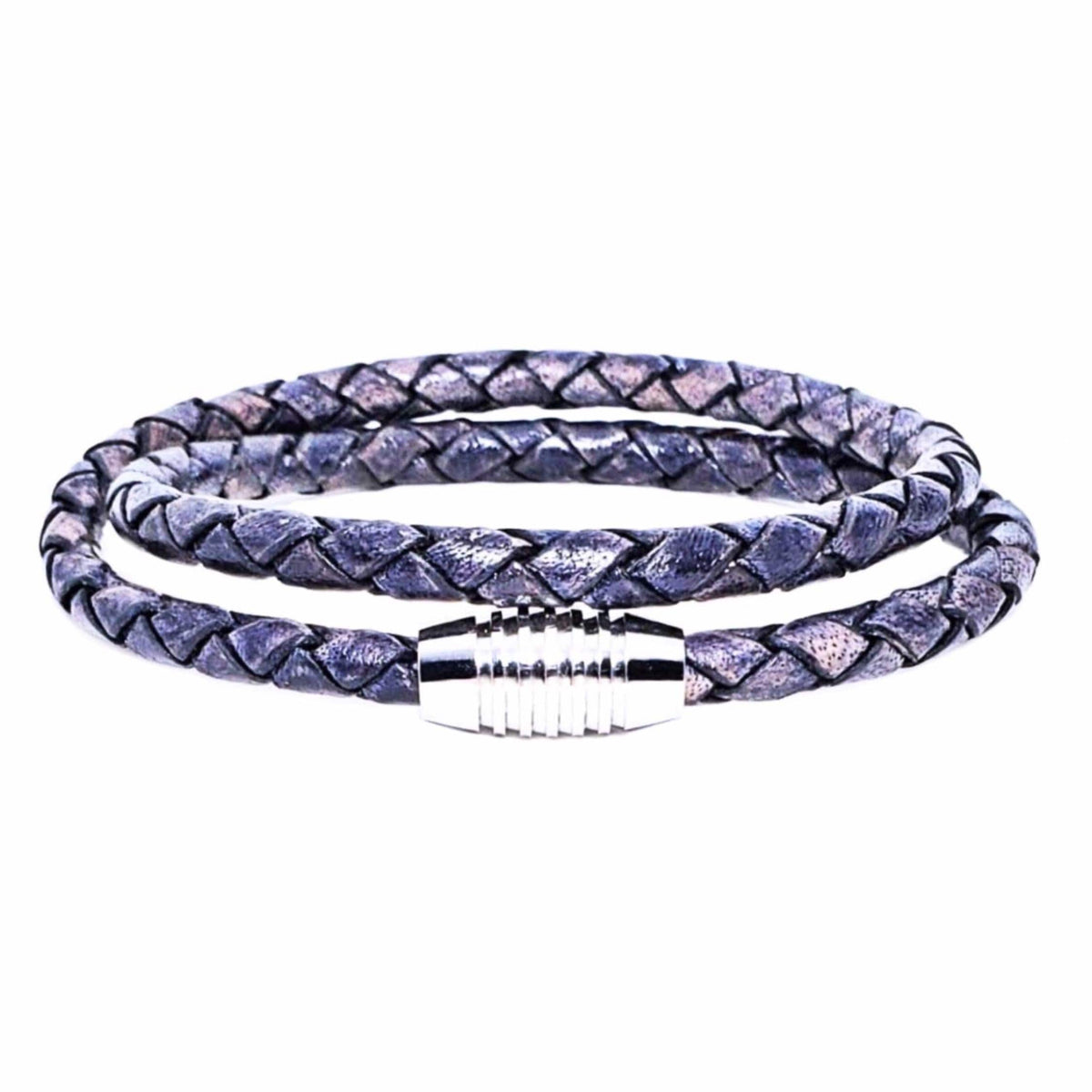 Men's "DENIM BOLO WRAP" Bracelet| Men's Denim Blue Ombre Braided Leather Double Wrap Bracelet| Men's Silver Stainless Steel Magnetic Clasp
