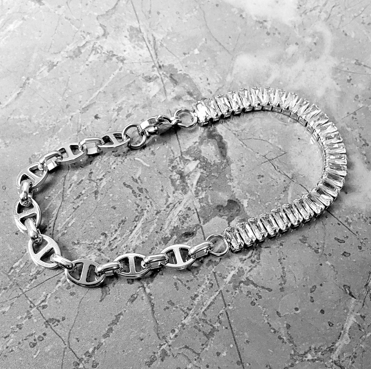 Men's "SILVER BAGUETTE TENNIS" Bracelet| Men's Cubic Zirconia Silver Stainless Steel Baguette Tennis Bracelet| Men's Cubic Zirconia Bracelet
