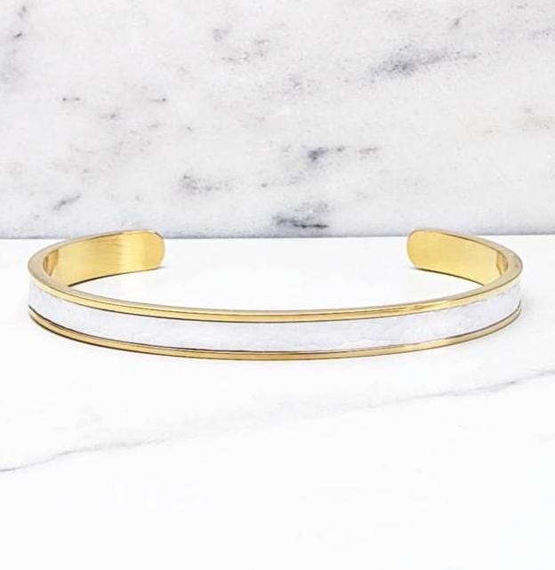 Men's "GOLD LEATHER CUFF" Bracelet| Men's Gold Stainless Steel White Leather Inlay Cuff Bracelet| Mens White Leather Gold Cuff Bracelet