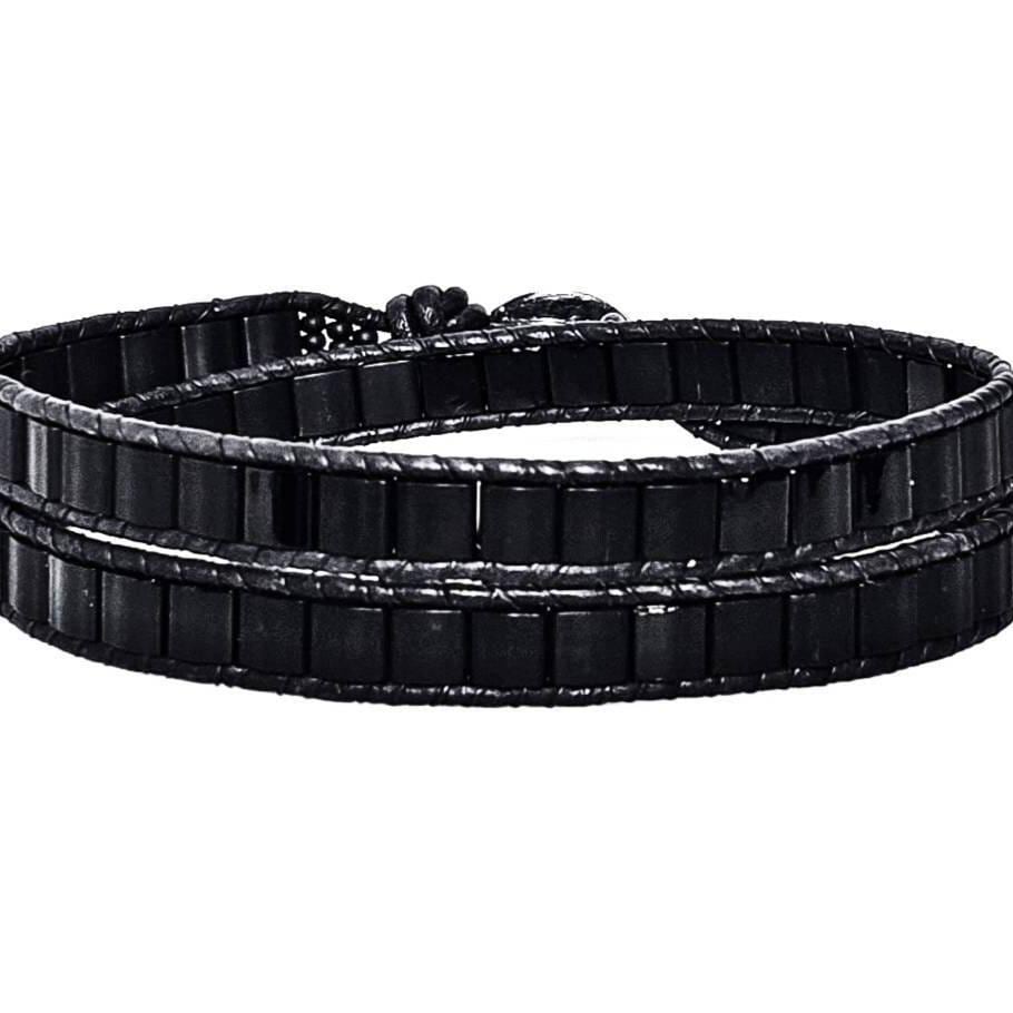Men's "BLACK TILE" Wrap Bracelet| Men's Black Leather Double Wrap Bead Bracelet| Men's Black Hematite Tile Gemstone Wrap Bracelet