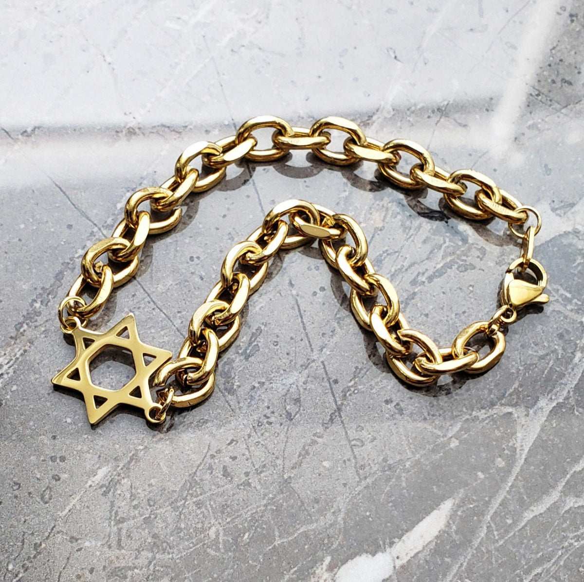 Men's "STAR of DAVID CHAIN" Bracelet| Men's Gold Stainless Steel Star of David Link Chain Bracelet| Men's Layering Gold Chain Bracelet