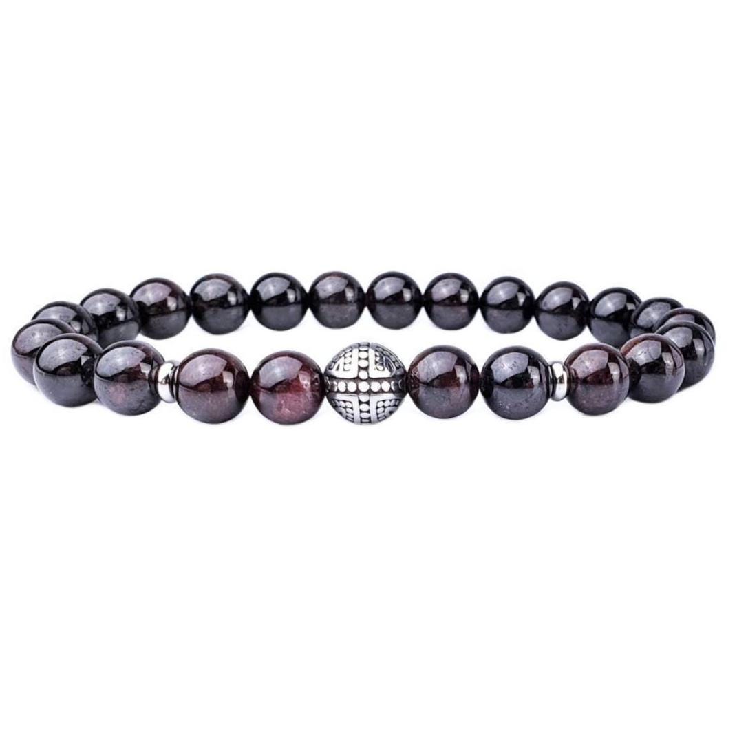 Men's "STEEL GARNET CROSS" Bracelet| Men's Silver Stainless Steel Dot Pattern Cross Bead Bracelet| Men's Red Garnet Gemstone Bead Bracelet