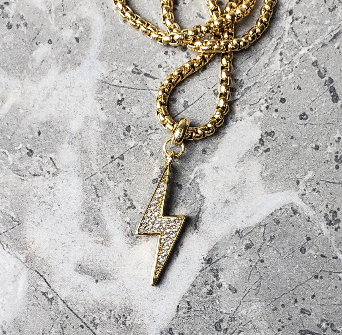 Men's "PAVÉ THUNDER & LIGHTNING" Necklace| Men's Gold Stainless Steel Pavé Cubic Zirconia Mini Lightning Bolt Pendant Necklace
