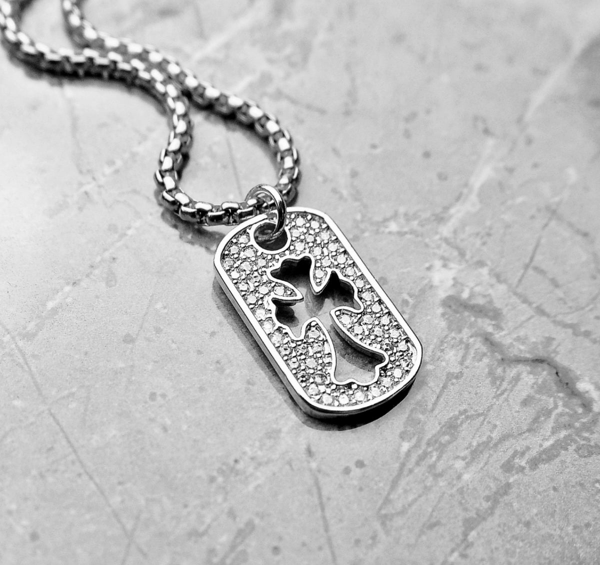 Men's "PAVÉ CROSS TAG" Necklace| Men's Pavé Cubic Zirconia Silver Stainless Steel Cross Dog Tag Pendant Necklace| Men Cross Dog Tag