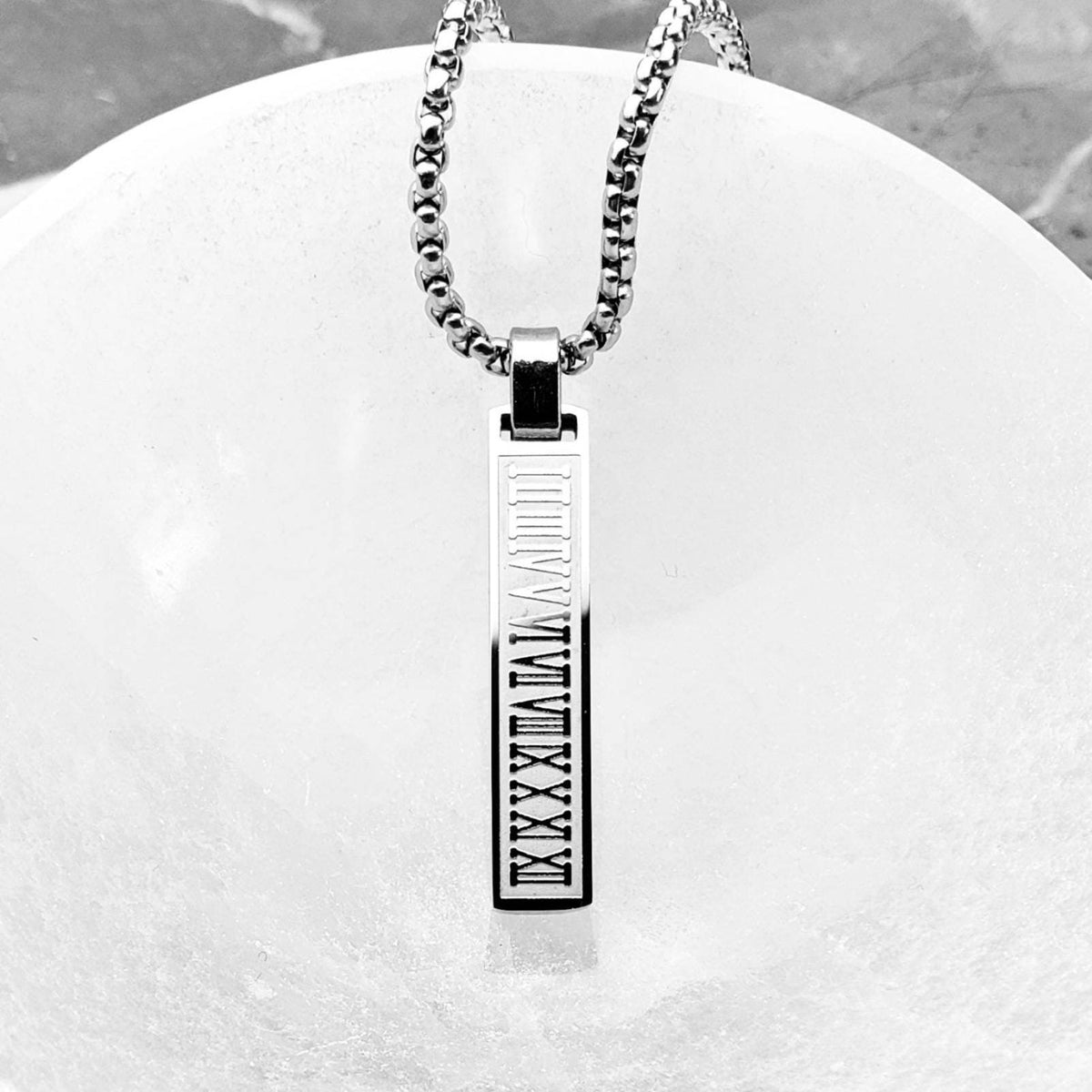 Men's "ROMAN NUMERALS BAR" Necklace| Men's Silver Stainless Steel Roman Numerals Bar Tag Pendant Necklace| Men's Silver Box Chain Necklace