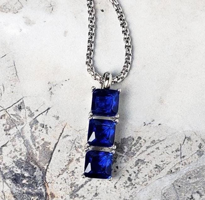Men's "SILVER SAPPHIRE BAR" Necklace| Men's Silver Stainless Steel Sapphire Bar Tag Pendant Necklace| Mens September Birthstone Necklace