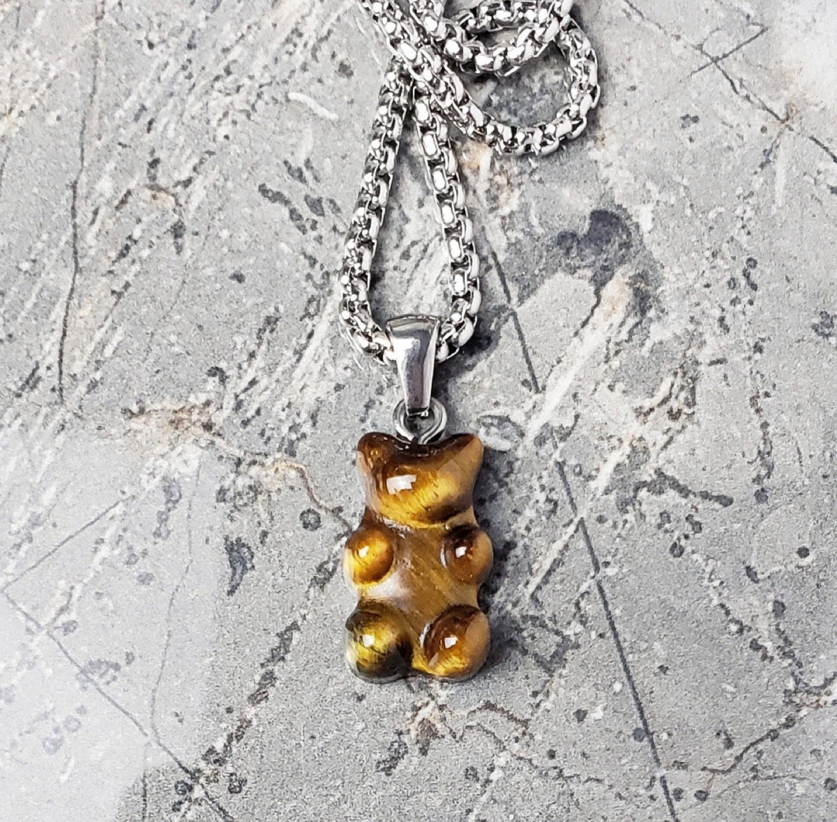 Men's "TIGER EYE BEAR" Necklace| Men's Silver Stainless Steel Tiger Eye Gemstone Bear Pendant Necklace| Mens Tiger Eye Pendant Necklace