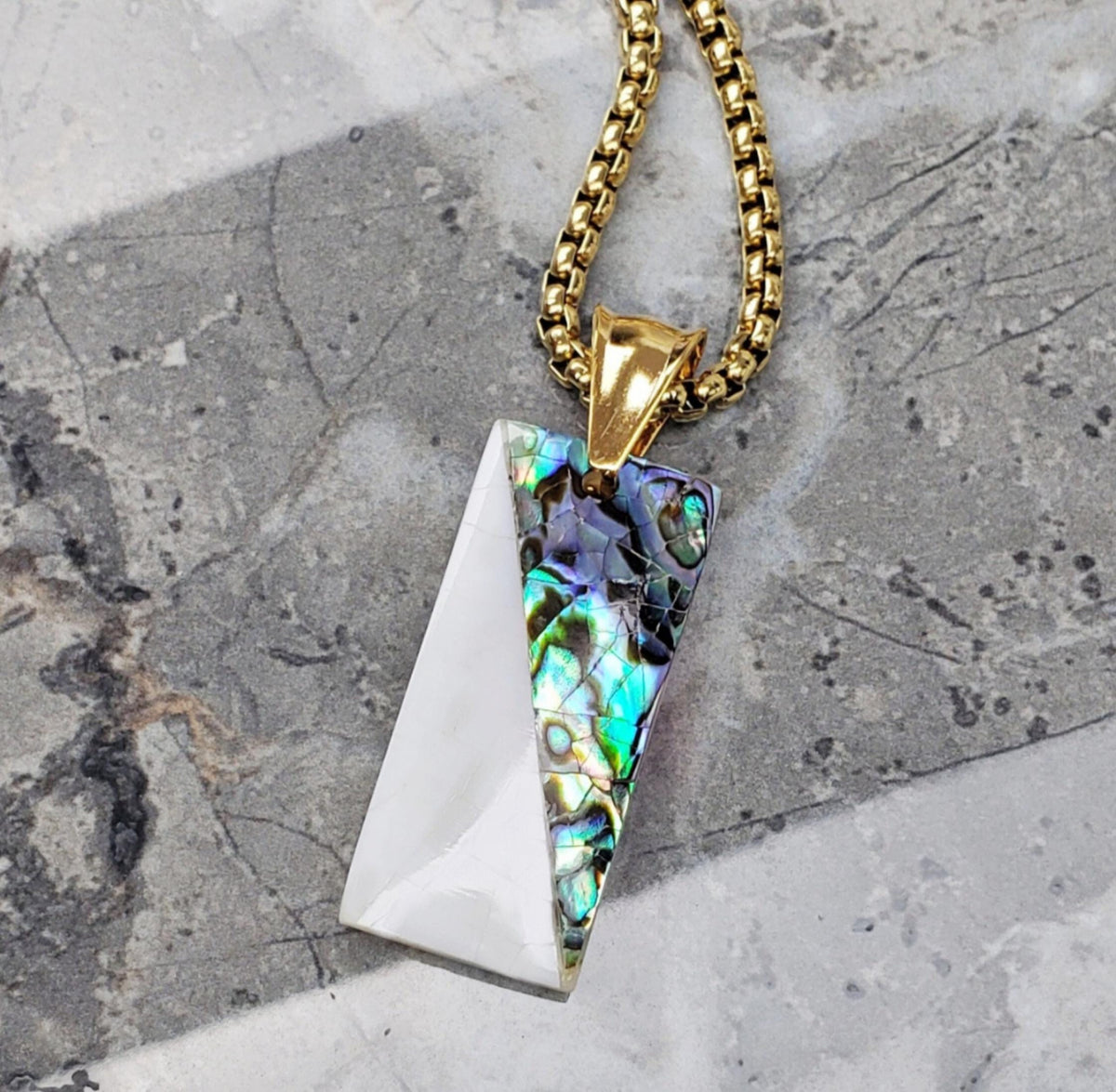 Men's "ABALONE BAR TAG" Necklace| Men's Gold Stainless Steel Mother of Pearl Abalone Shell Bar Tag Pendant Necklace| Men Gold Chain Necklace