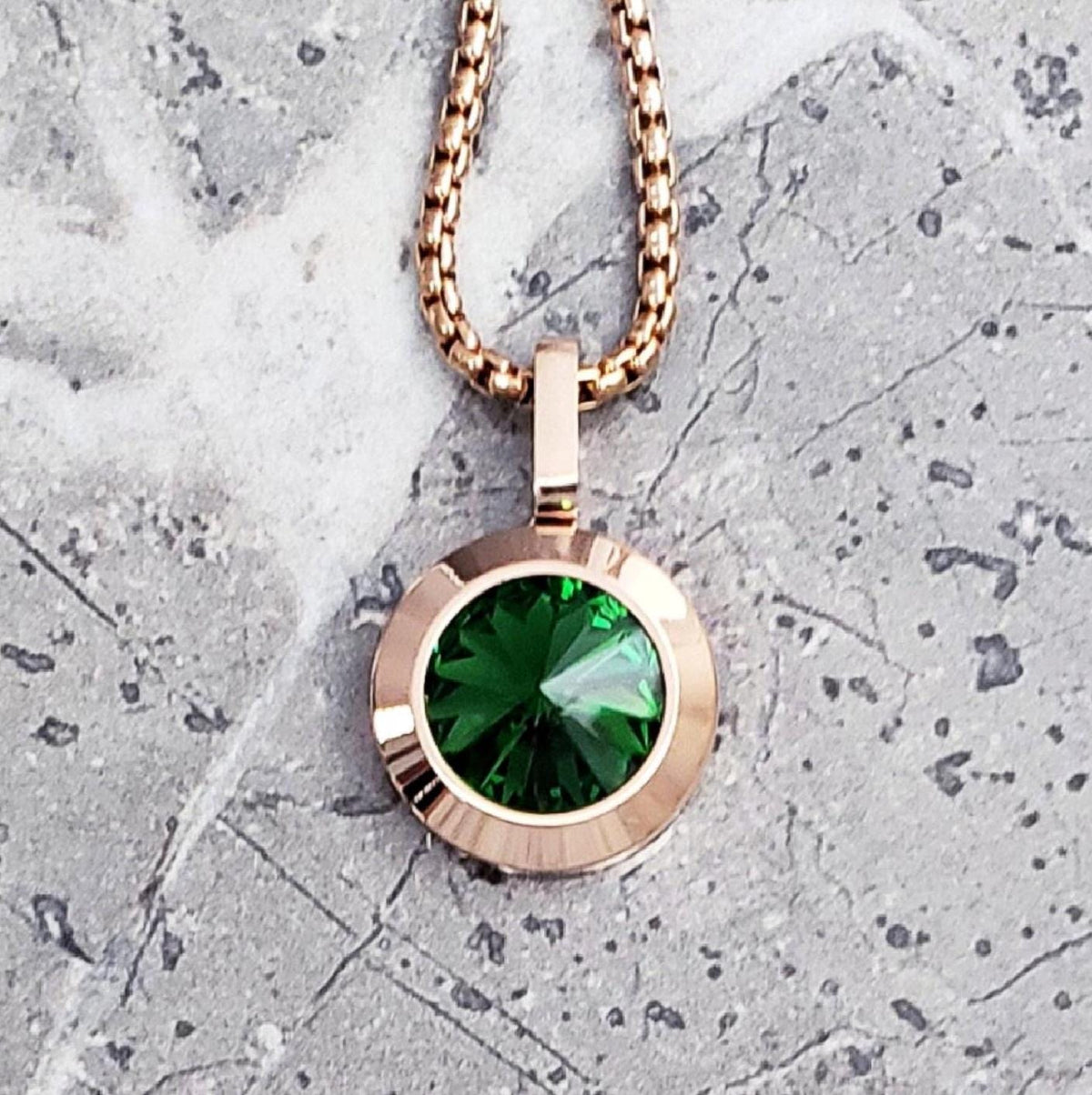 Men's "ROSE GOLD EMERALD" Necklace| Men's Rose Gold Stainless Steel Emerald Coin Pendant Necklace| Mens May Birthstone Emerald Necklace