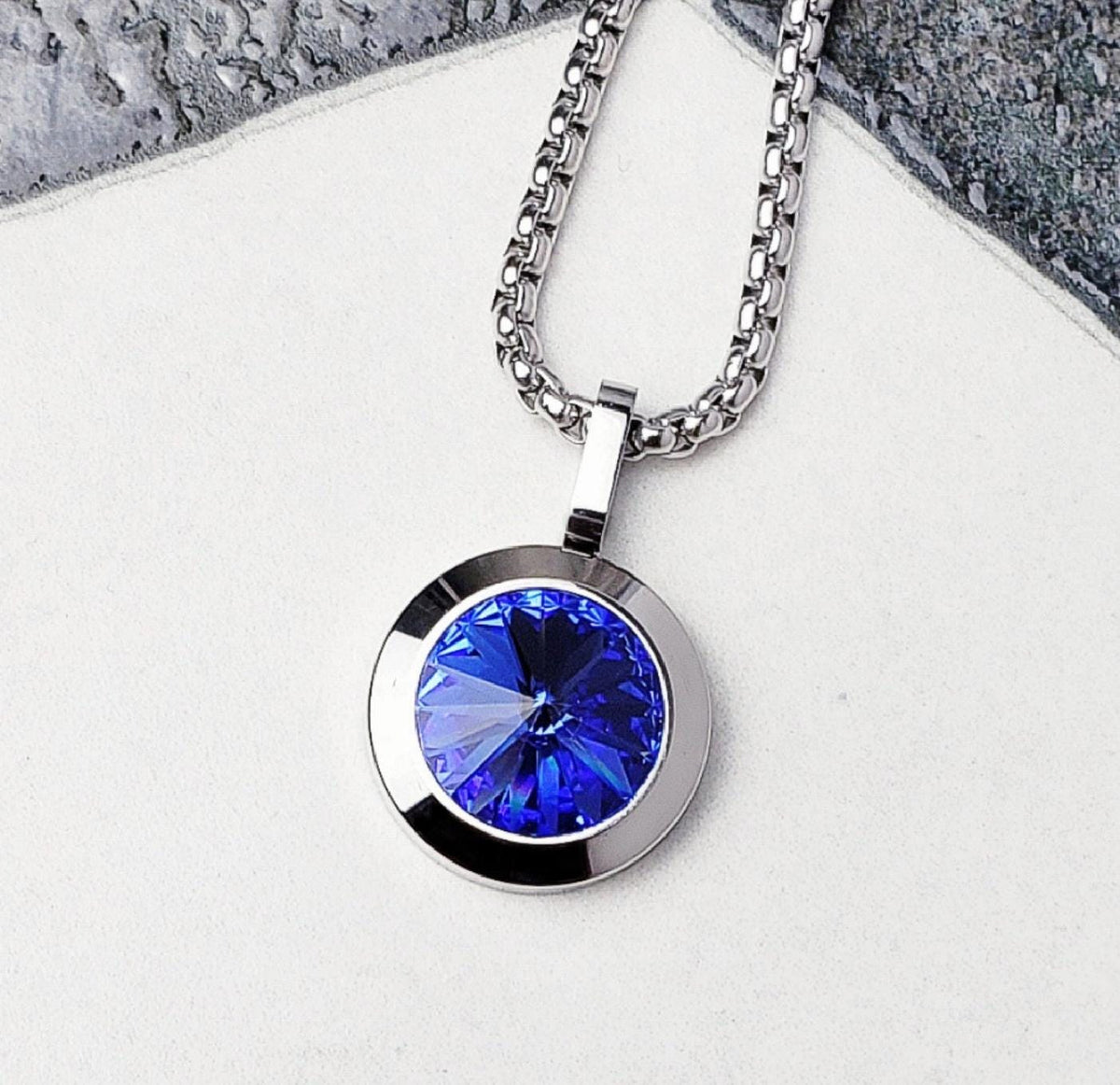 Men's "SILVER SAPPHIRE COIN" Necklace| Men's Silver Stainless Steel Sapphire Swarovski Crystal Coin Pendant Necklace| September Birthstone