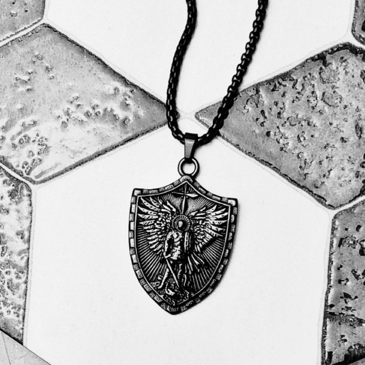 Men's "BLACK ARCHANGEL SHIELD" Necklace| Men's Black Stainless Steel Saint Michael Archangel Shield Pendant Necklace| Men's Spiritual Gift