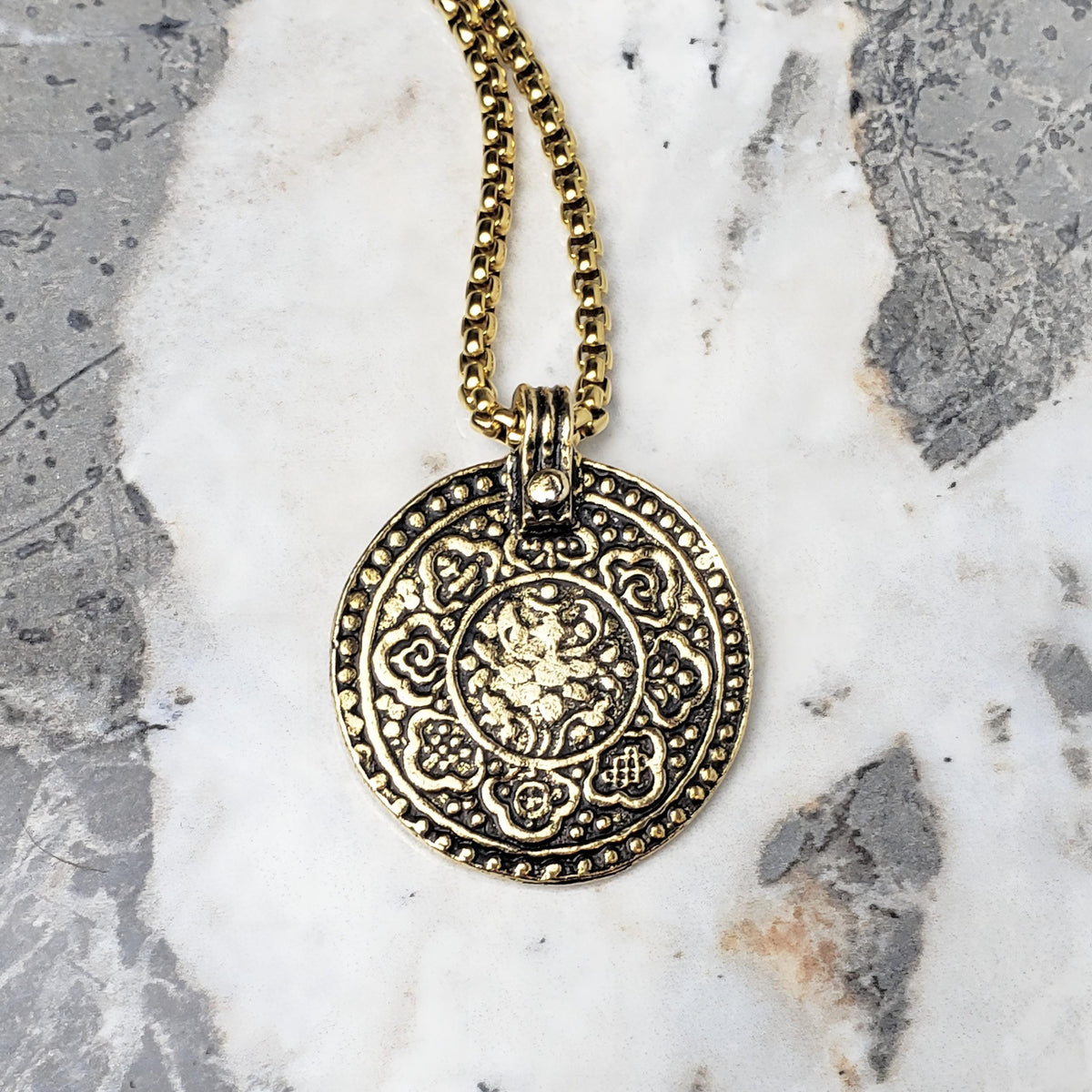 Men's "8 FOLD PATH MEDALLION" Necklace| Men's Gold Pewter Noble Eightfold Path Medallion Necklace| Men's Gold Box Chain Necklace
