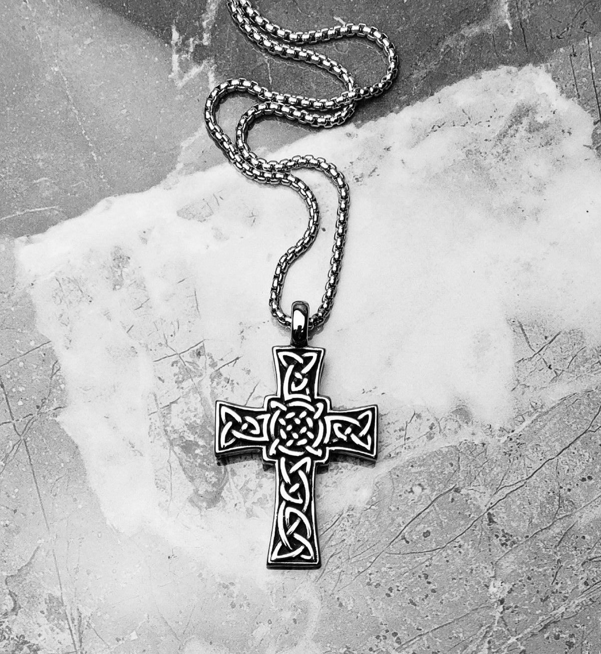 Men's "CELTIC KNOT CROSS" Necklace| Men's Silver Stainless Steel Celtic Knot Cross Pendant Necklace| Men's Silver Box Chain Necklace