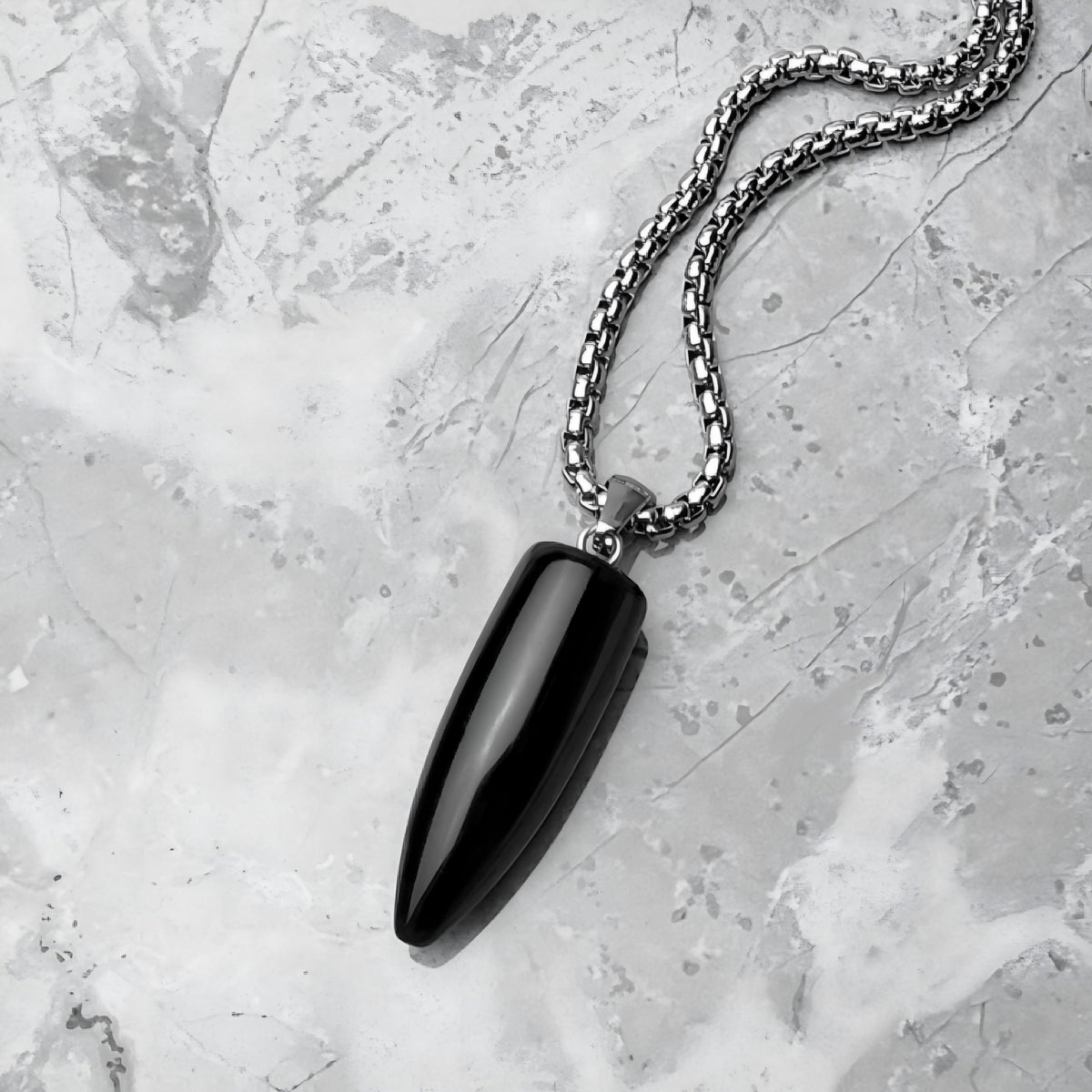 Men's "BLACK ONYX BULLET" Pendant Necklace| Men's Black Onyx Stone Bullet Pendant Necklace| Men's Silver Stainless Steel Box Chain Necklace
