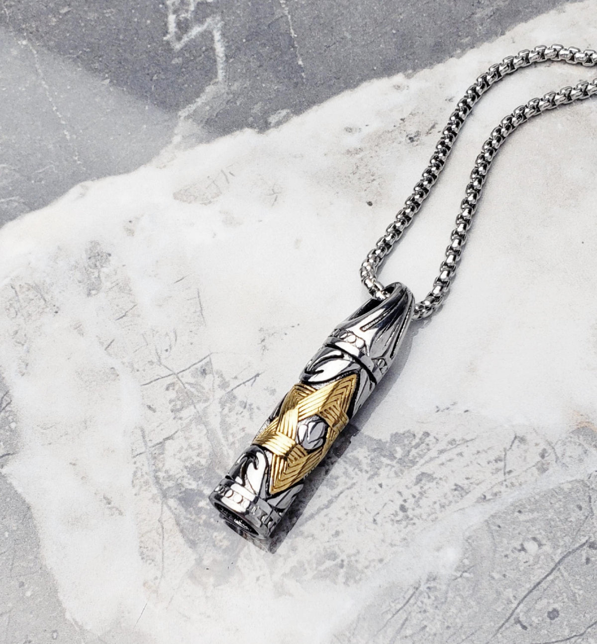 Men's "STAR of DAVID AMULET" Necklace| Men's Silver & Gold Stainless Steel Star of David Column Amulet Pendant Necklace| Men's Star of David