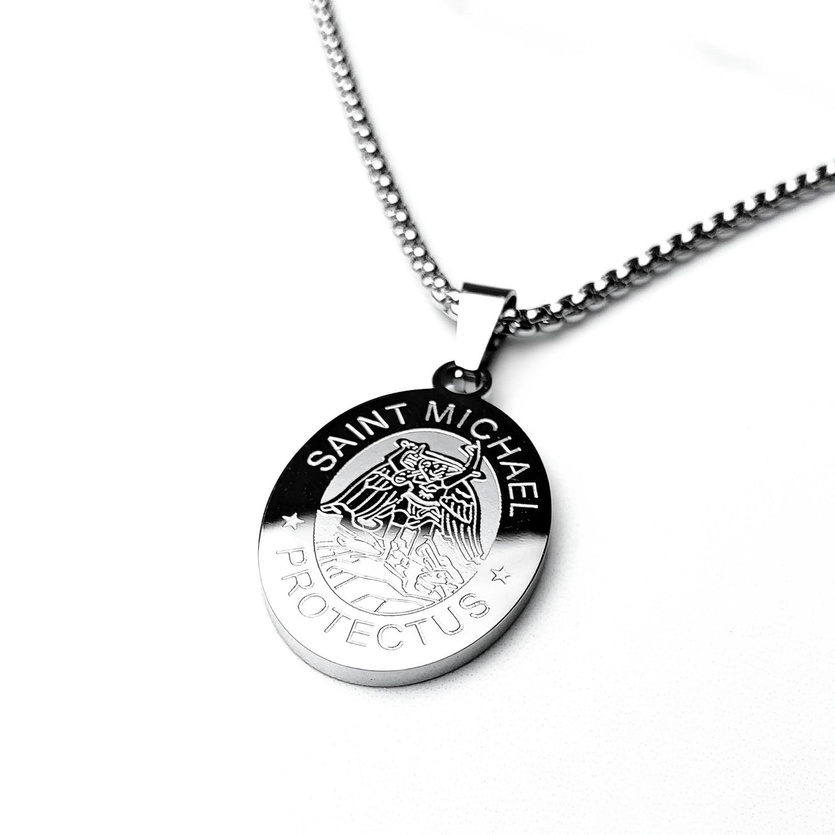 Men's "ARCHANGEL MEDALLION" Necklace| Men's Silver Stainless Steel Saint Michael Archangel Pendant Necklace| Men's Silver Box Chain Necklace