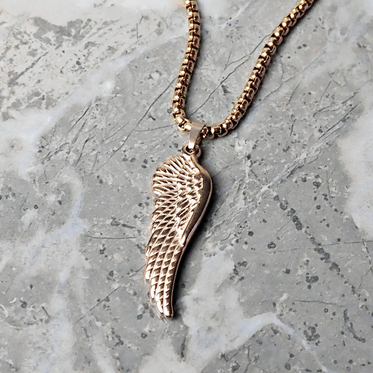 Men's "ANGELIC WARRIOR WING" Necklace|Men's Rose Gold Stainless Steel Angel Warrior Wing Pendant Necklace| Mens Rose Gold Box Chain Necklace