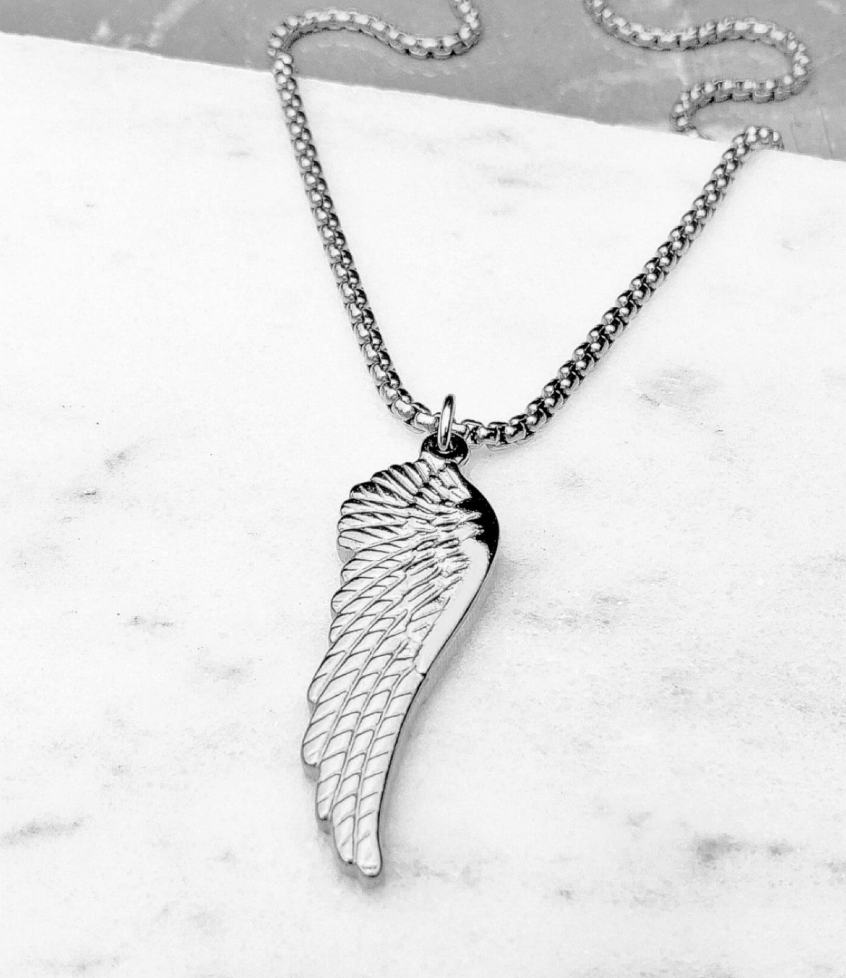 Men's "ANGELIC WARRIOR WING" Necklace| Men's Silver Stainless Steel Angel Warrior Wing Pendant Necklace| Men's Silver Box Chain Necklace