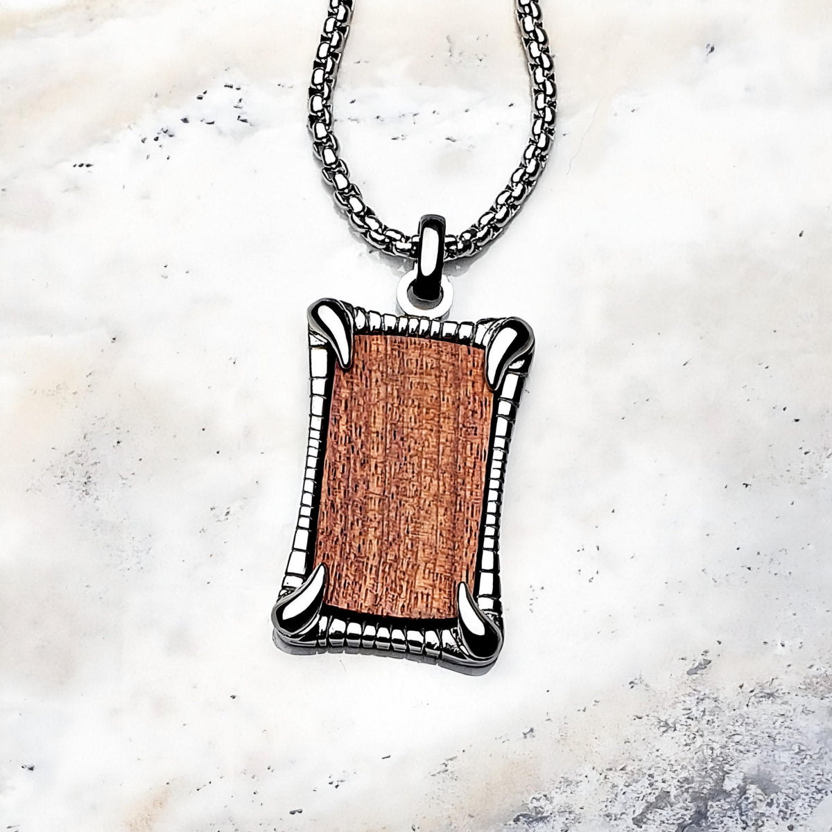 Men's "ROSEWOOD DOG TAG" Necklace| Men's Silver Stainless Steel Rosewood Inlay Dog Tag Pendant Necklace| Men's Silver Box Chain Necklace