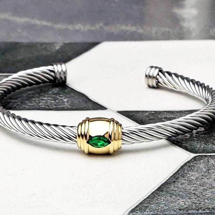 Men's "EMERALD EVIL EYE" Bracelet| Men's Silver Gold Stainless Steel Emerald Evil Eye Gemstone Wire Cuff Bracelet| Mens Stainless Steel Cuff